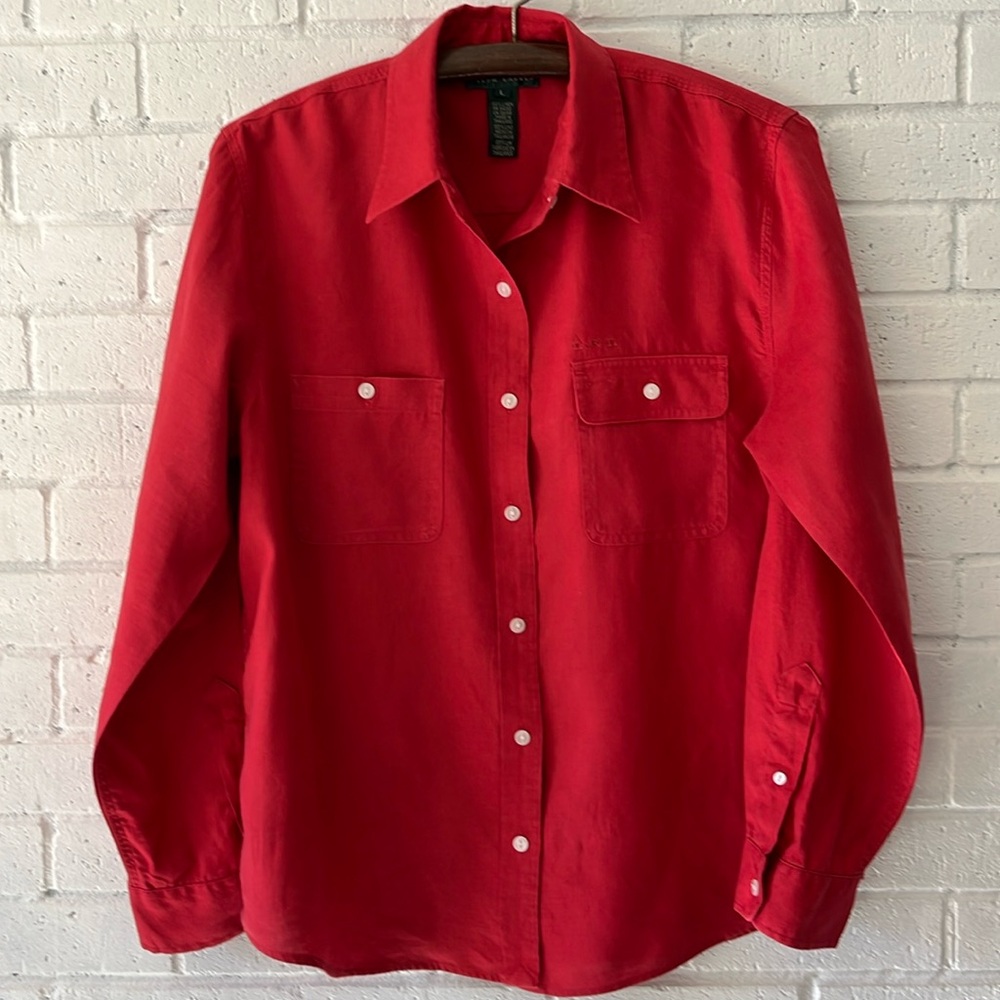 Lauren Ralph Lauren Button Up Shirt Blouse Sz L Red Long Sleeve Linen Preppy.